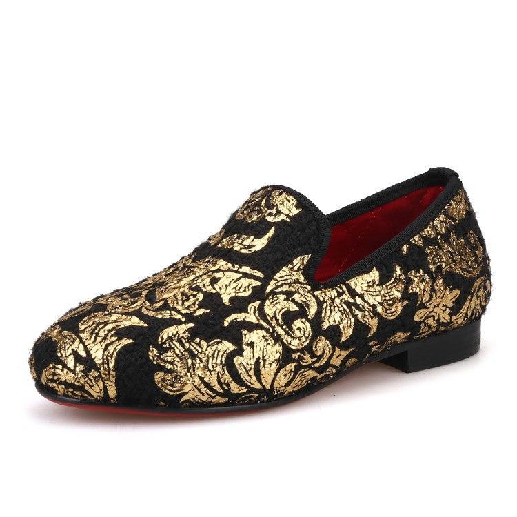 OneDrop Children Velvet Kid Handmade Gold Print Party Wedding Prom Loafers