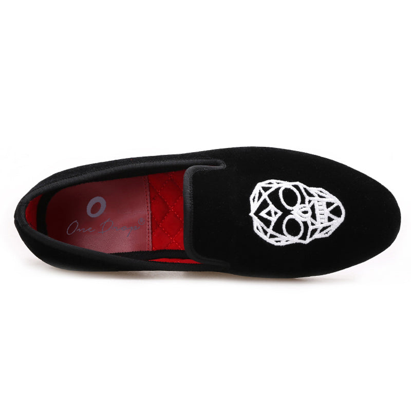 OneDrop Handmade Black Velvet Skull Embroidery Party Wedding Prom Loafers