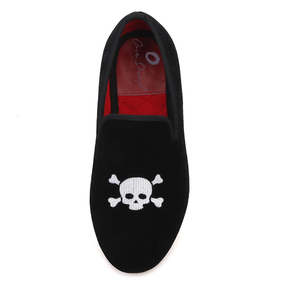 OneDrop Handmade Kid Children Velvet Skull Embroidery Party Prom Wedding Loafers