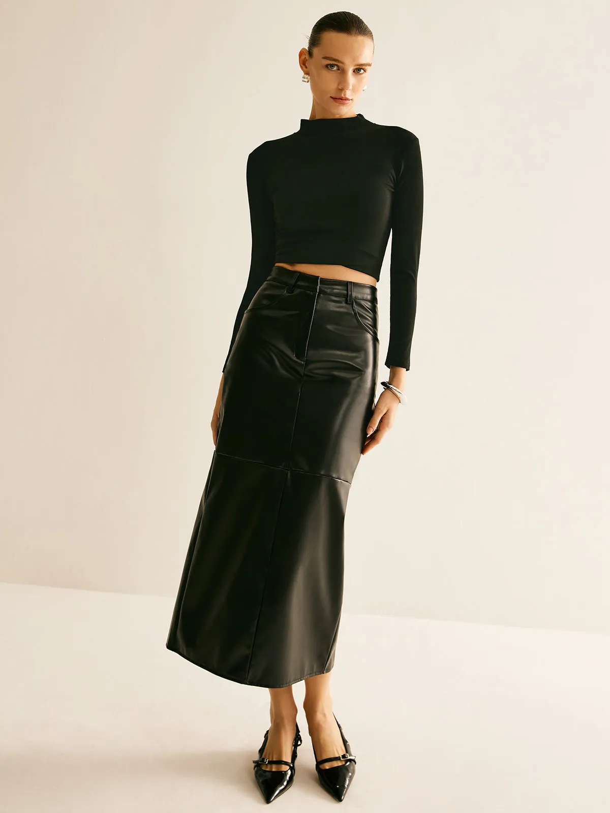 Piping PU Leather A-Line Skirt