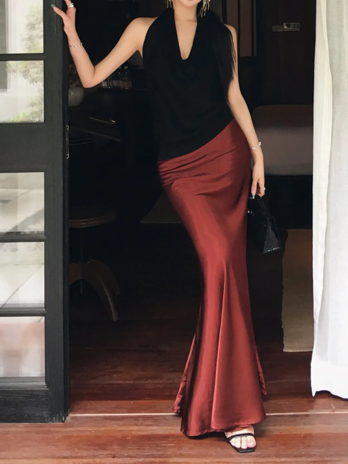 Pleated Satin Maxi Skirt