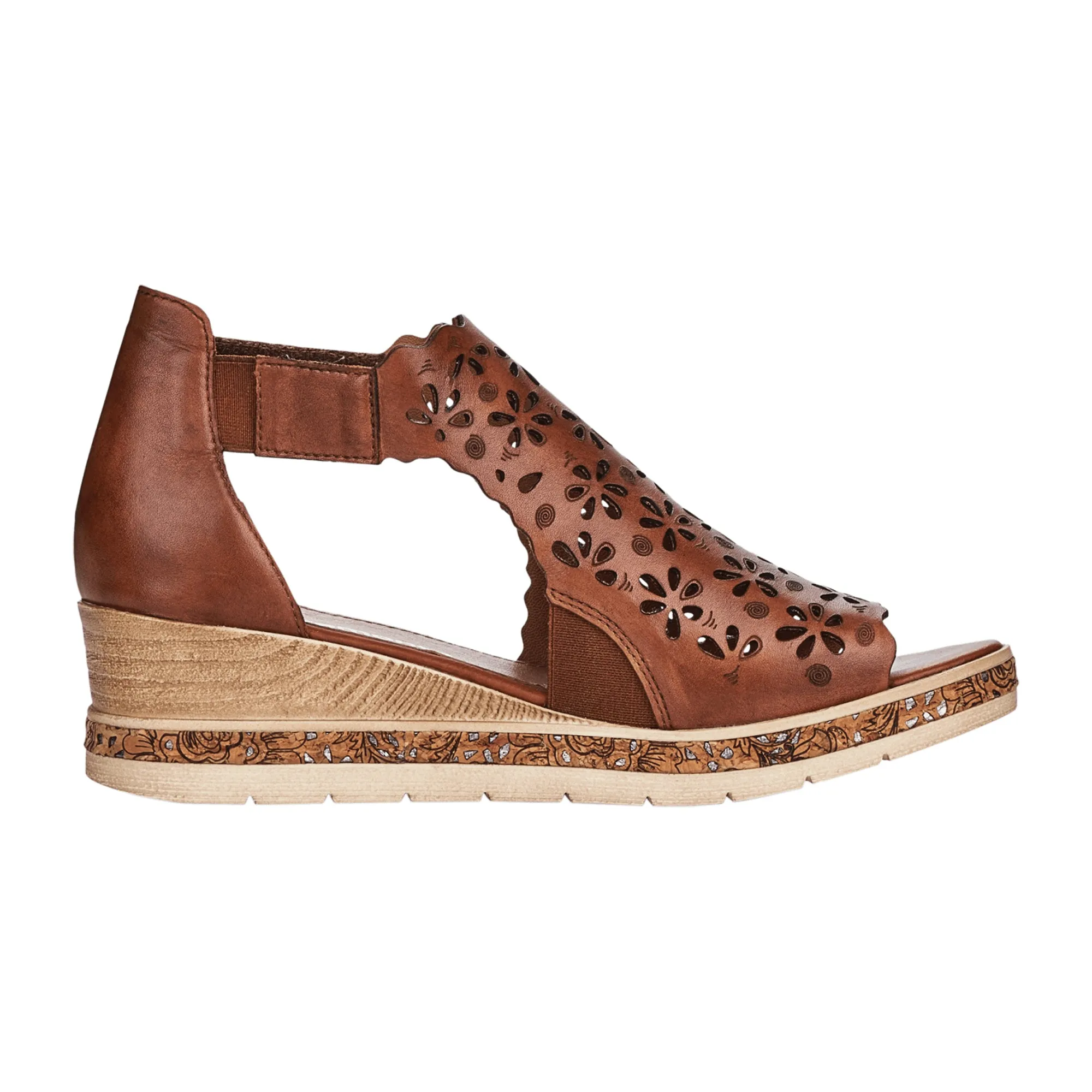 Remonte Brown Leather Wedge Sandals for Women with Floral Design and Comfort Features