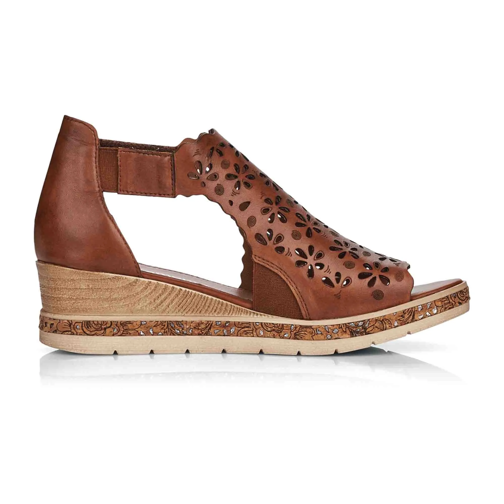 Remonte Brown Leather Wedge Sandals for Women with Floral Design and Comfort Features