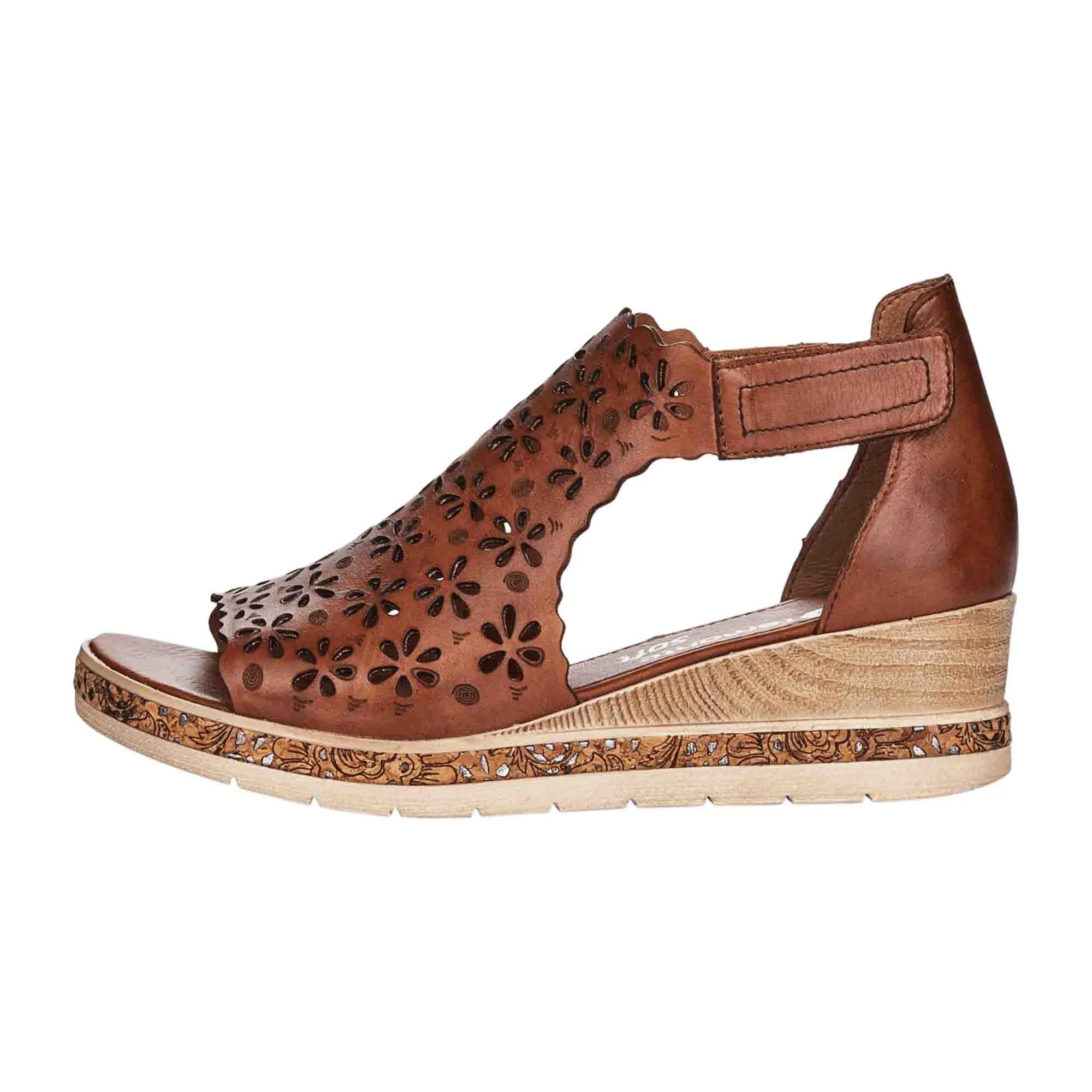 Remonte Brown Leather Wedge Sandals for Women with Floral Design and Comfort Features