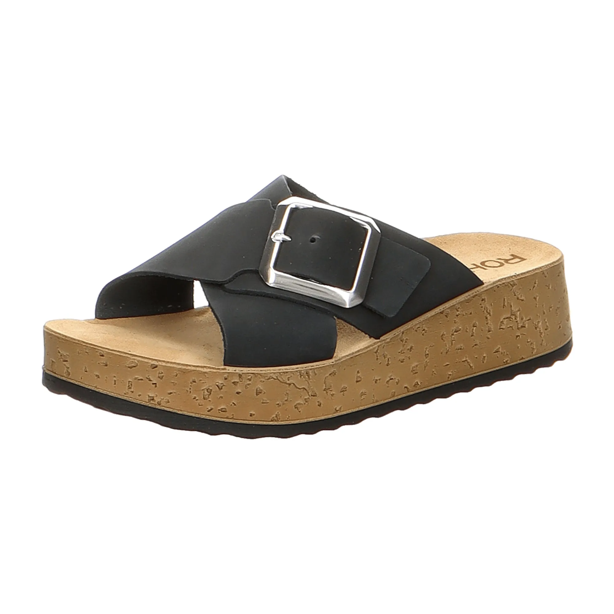 Rohde Black Leather Wedge Sandals for Women with Buckle Closure