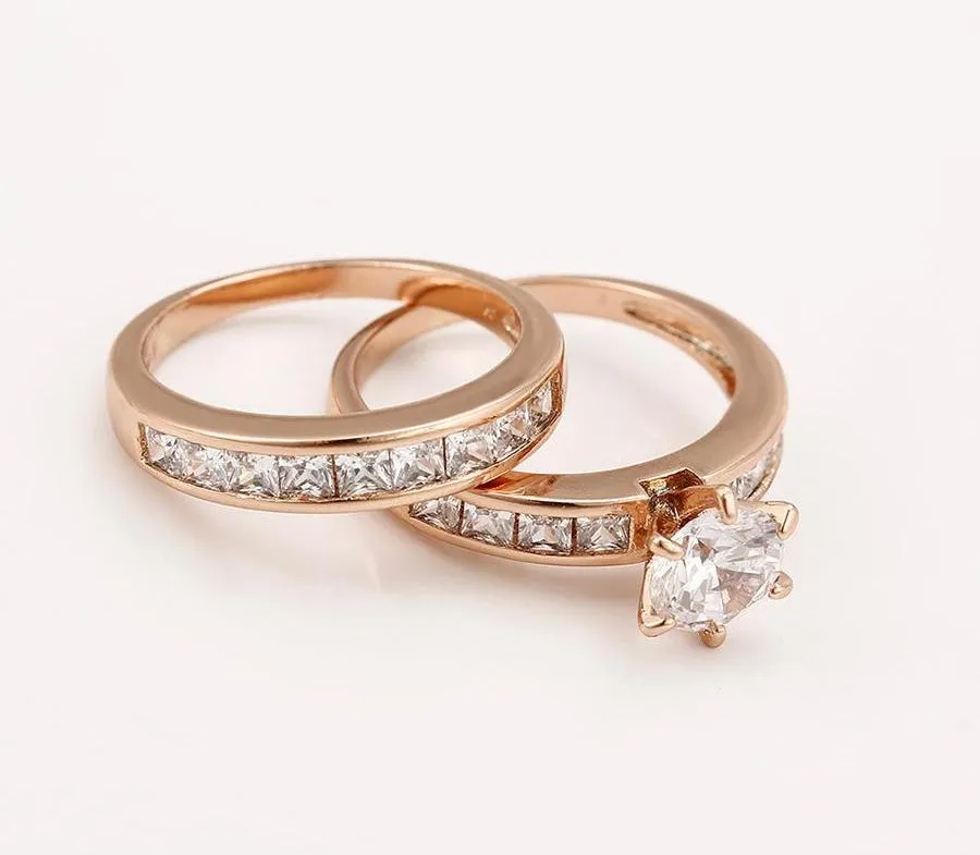 Rose Gold Wedding Engagement Ring Set Round Cubic Zirconia