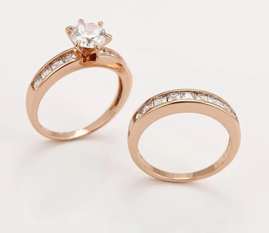 Rose Gold Wedding Engagement Ring Set Round Cubic Zirconia