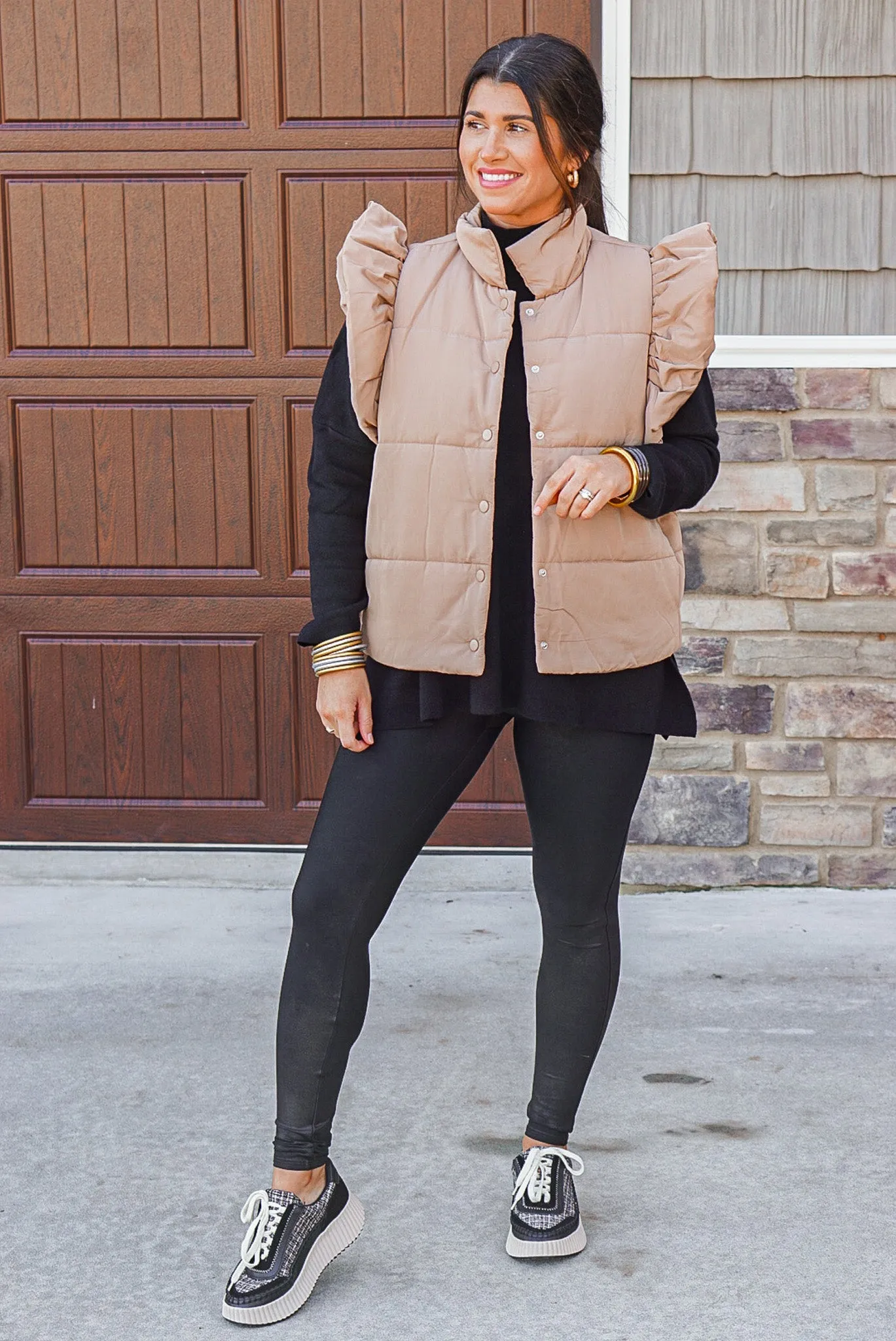 Ruffled Puffer Caramel Quilted Vest