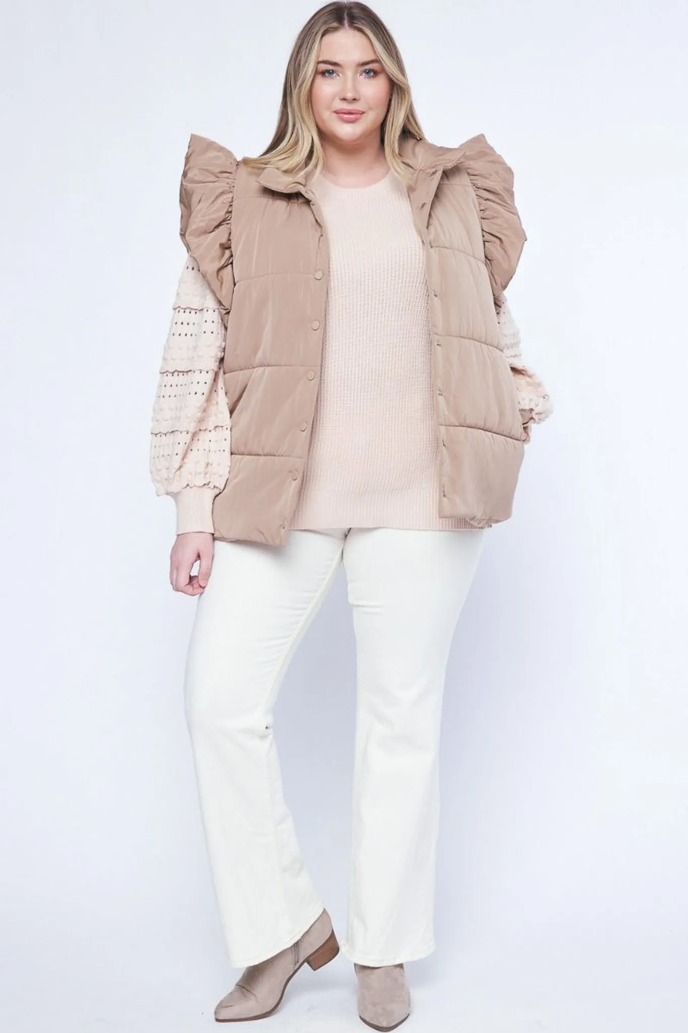 Ruffled Puffer Caramel Quilted Vest