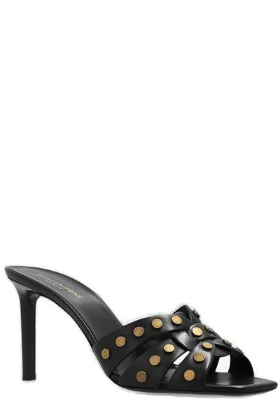 SAINT LAURENT Black Leather Interwoven Sandals with Antique Stud Detailing for Women (SS23)