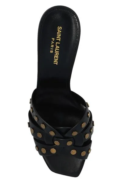 SAINT LAURENT Black Leather Interwoven Sandals with Antique Stud Detailing for Women (SS23)