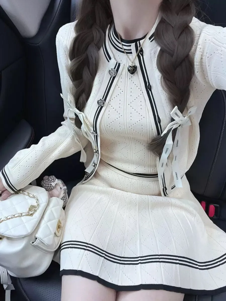 Socialite Xiaoxiangfeng Knitted Autumn and Winter Suit Cardigan Jacket Vest Top Half Skirt Advanced Three-piece Set for Women T9