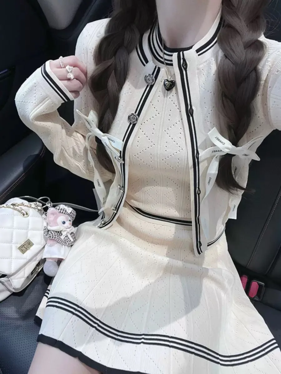 Socialite Xiaoxiangfeng Knitted Autumn and Winter Suit Cardigan Jacket Vest Top Half Skirt Advanced Three-piece Set for Women T9