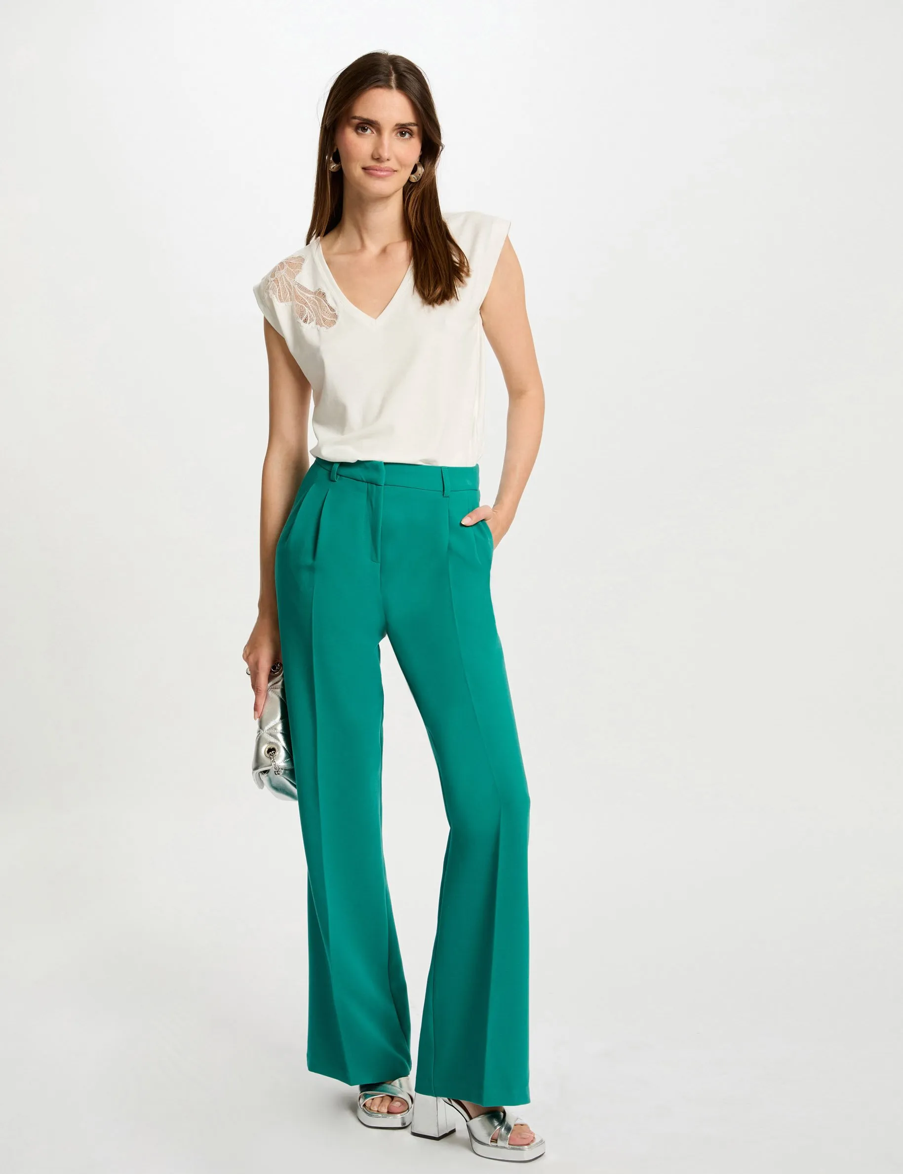 Wide leg trousers with darts mid-green women