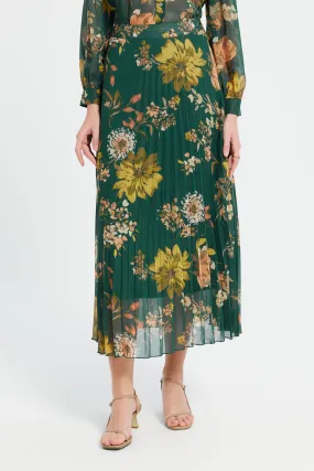 Women Green Floral Print Pleated Skirt