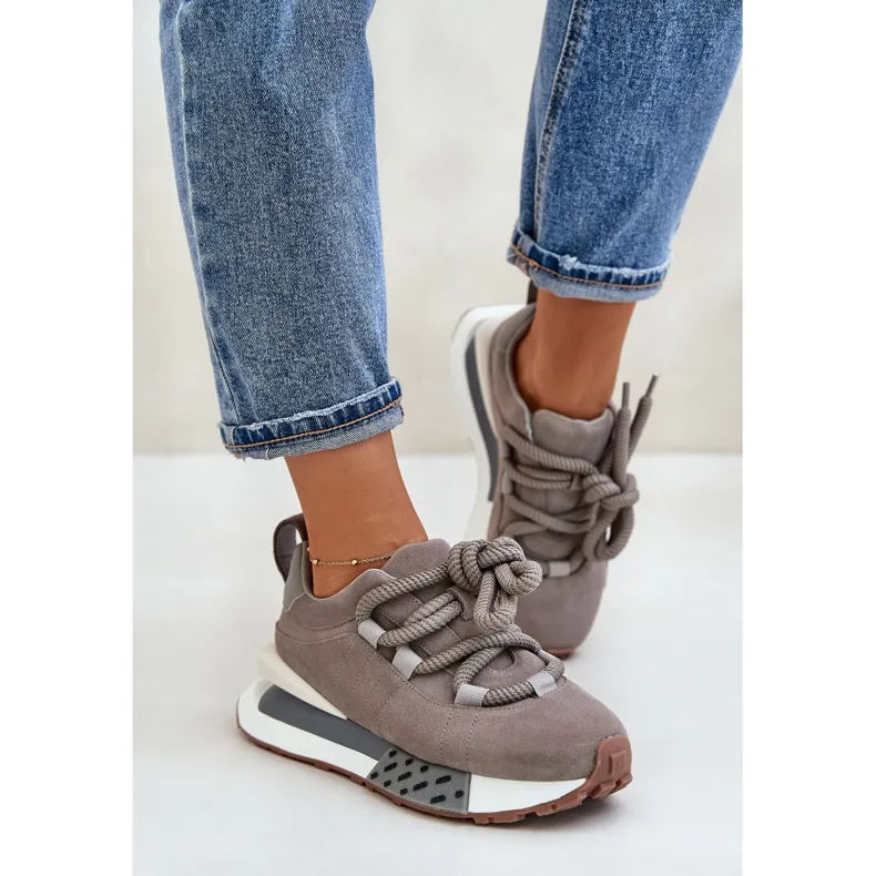 Women's Suede Sneakers On A Platform With Thick Lacing Artiker 54C1463 Gray grey