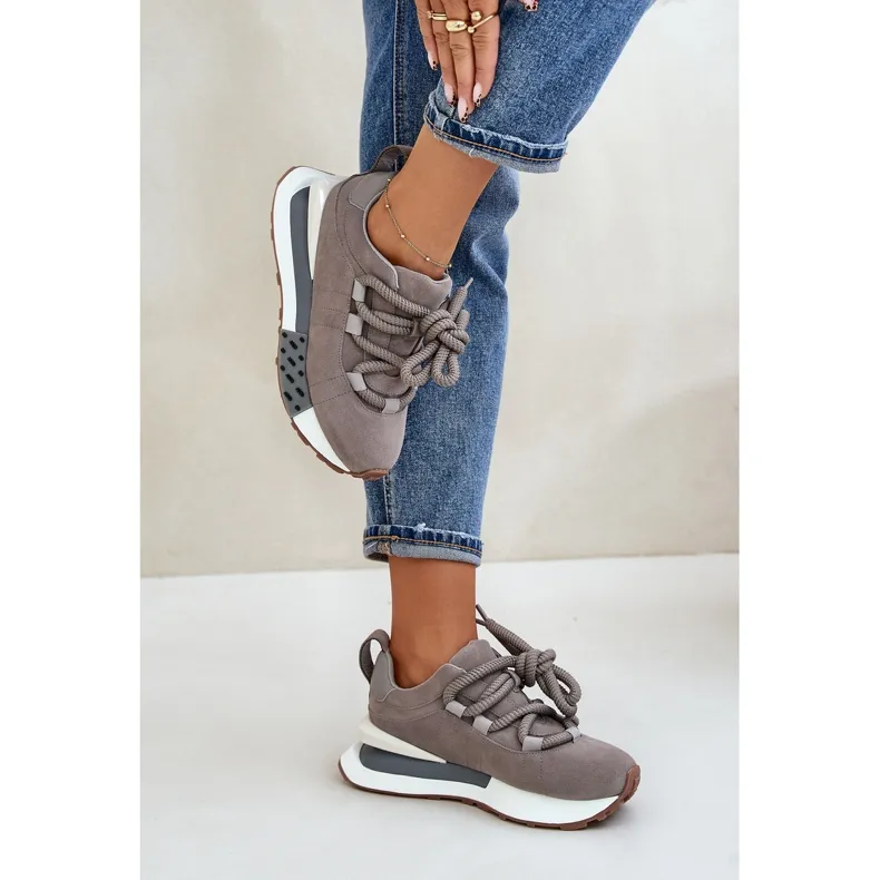 Women's Suede Sneakers On A Platform With Thick Lacing Artiker 54C1463 Gray grey