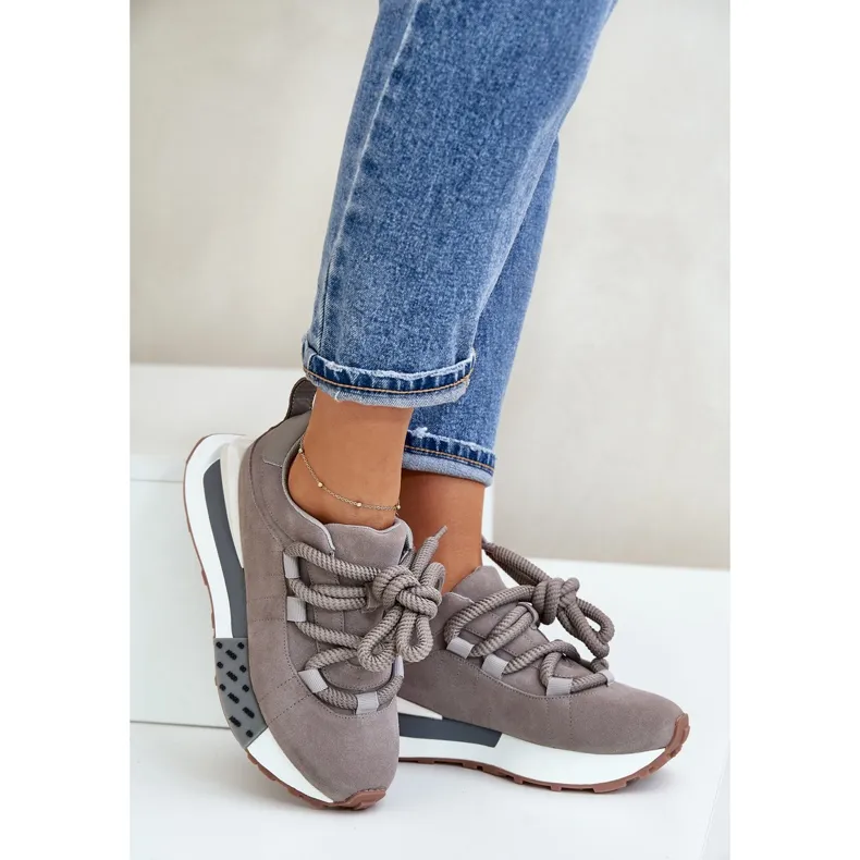 Women's Suede Sneakers On A Platform With Thick Lacing Artiker 54C1463 Gray grey