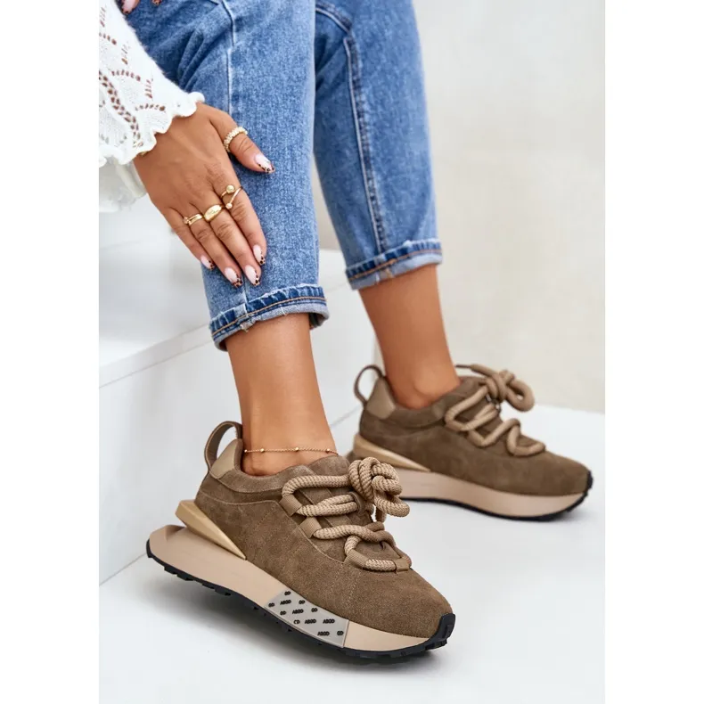 Women's Suede Sneakers On A Platform With Thick Lacing Artiker 54C1466 Light Brown