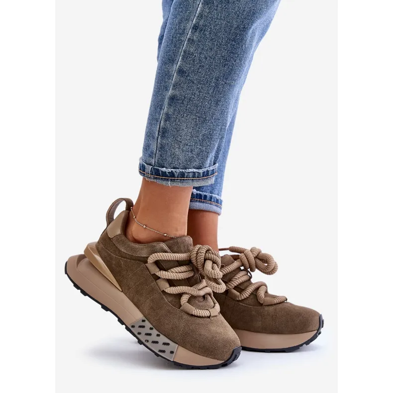 Women's Suede Sneakers On A Platform With Thick Lacing Artiker 54C1466 Light Brown