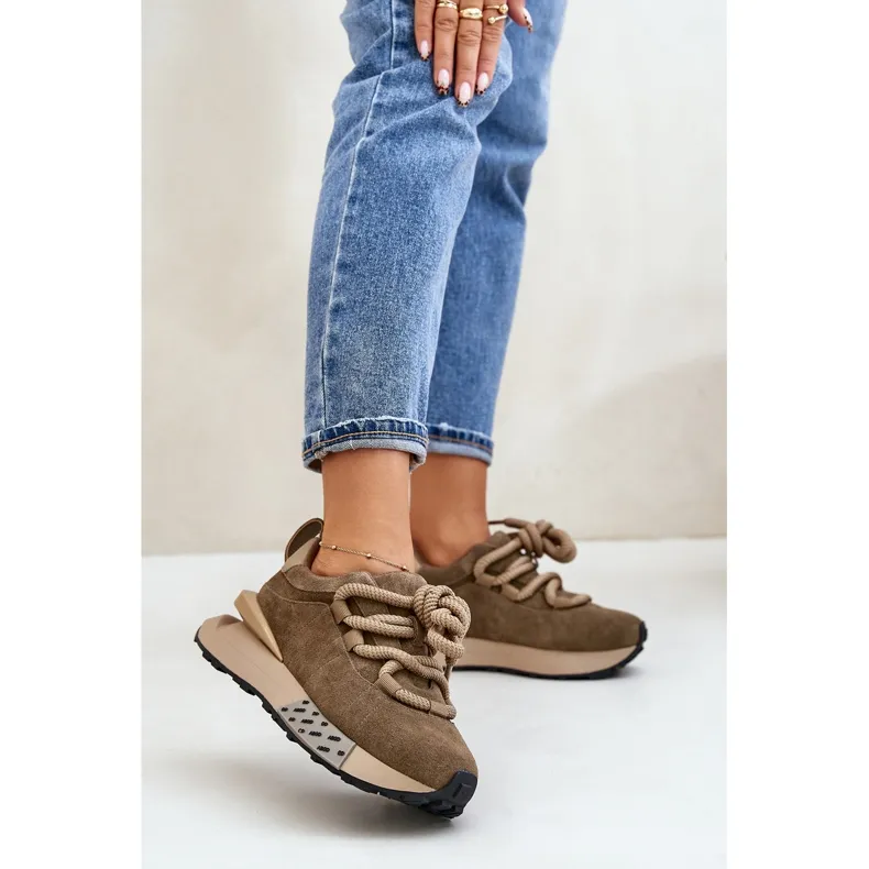 Women's Suede Sneakers On A Platform With Thick Lacing Artiker 54C1466 Light Brown