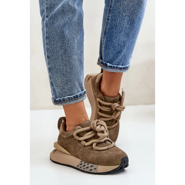 Women's Suede Sneakers On A Platform With Thick Lacing Artiker 54C1466 Light Brown