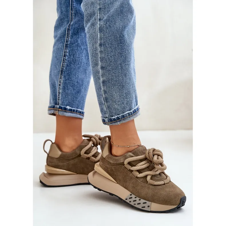 Women's Suede Sneakers On A Platform With Thick Lacing Artiker 54C1466 Light Brown