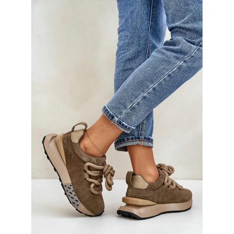 Women's Suede Sneakers On A Platform With Thick Lacing Artiker 54C1466 Light Brown