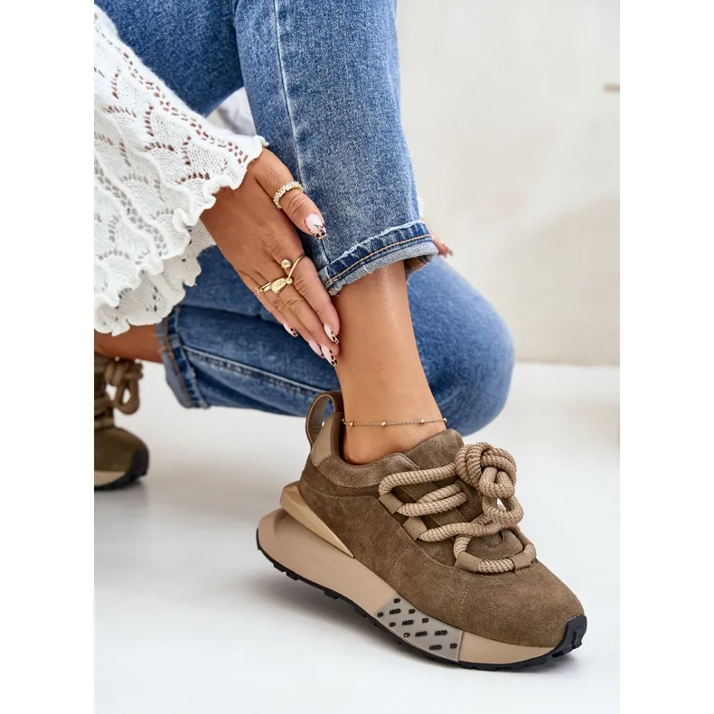 Women's Suede Sneakers On A Platform With Thick Lacing Artiker 54C1466 Light Brown