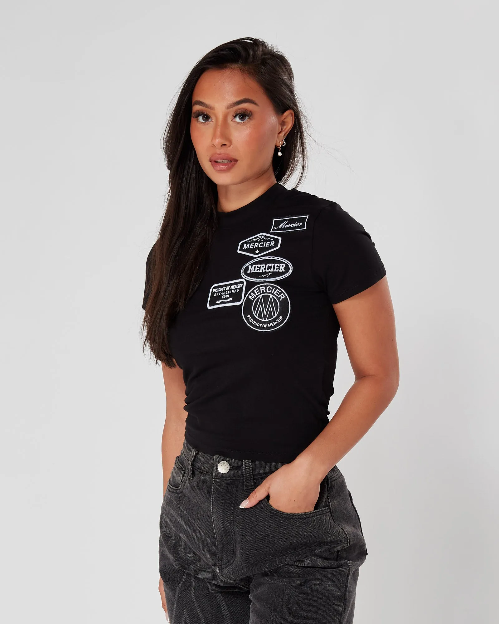 Womens Black Mono Badge Fitted Tshirt