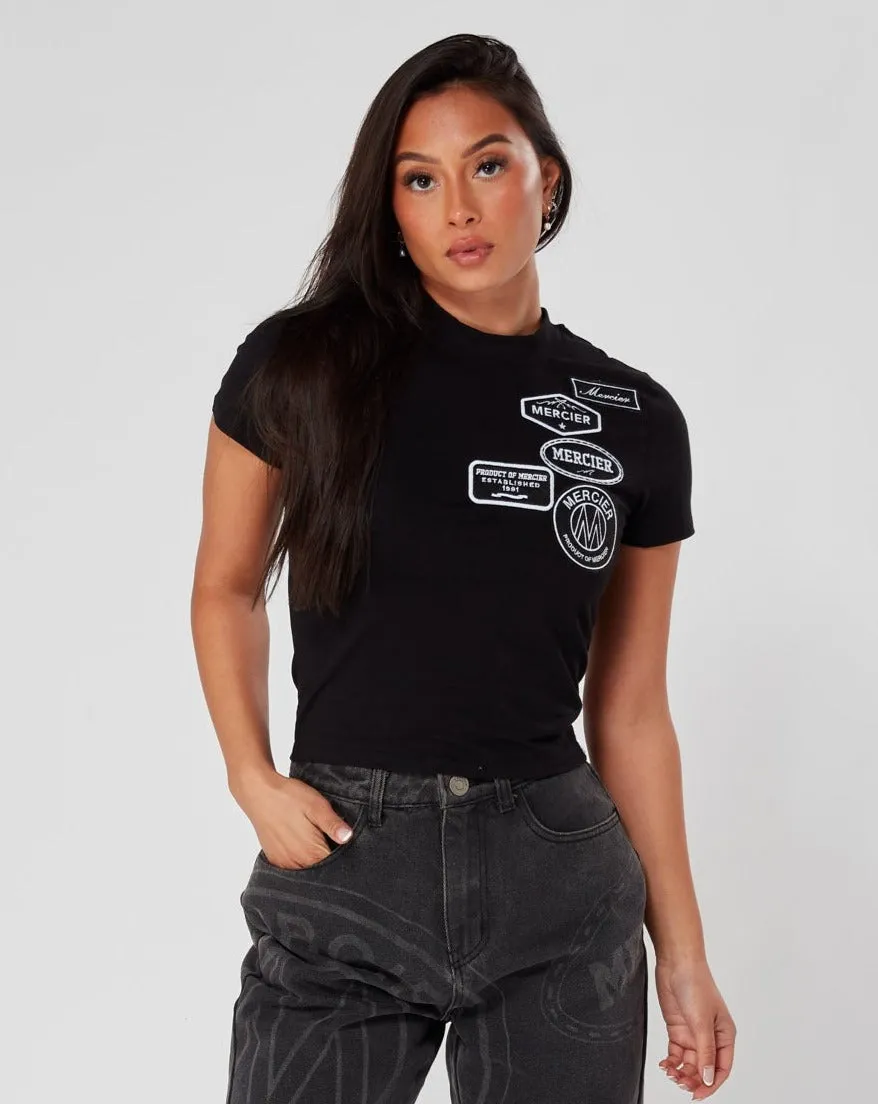 Womens Black Mono Badge Fitted Tshirt