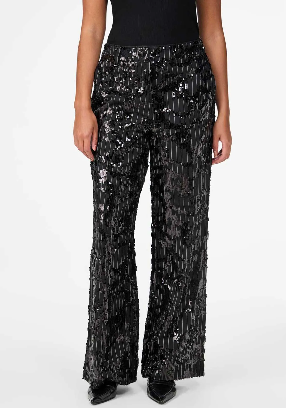 Y.A.S. Striby Pinstripe Sequin Wide Leg Trousers, Black