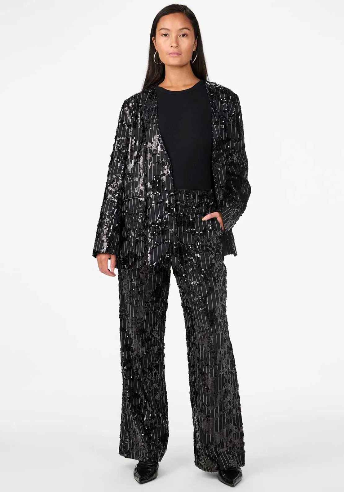 Y.A.S. Striby Pinstripe Sequin Wide Leg Trousers, Black